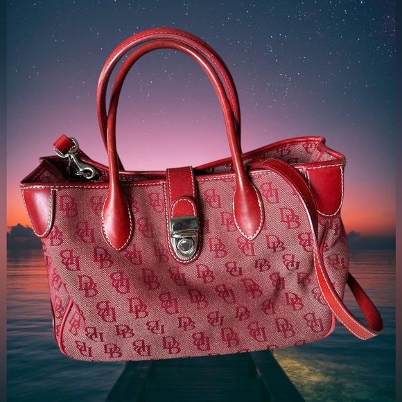 Dooney & Bourke Handbags - Dooney & Bourke Vintage Red Monogram Canvas & Red Leather Satchel